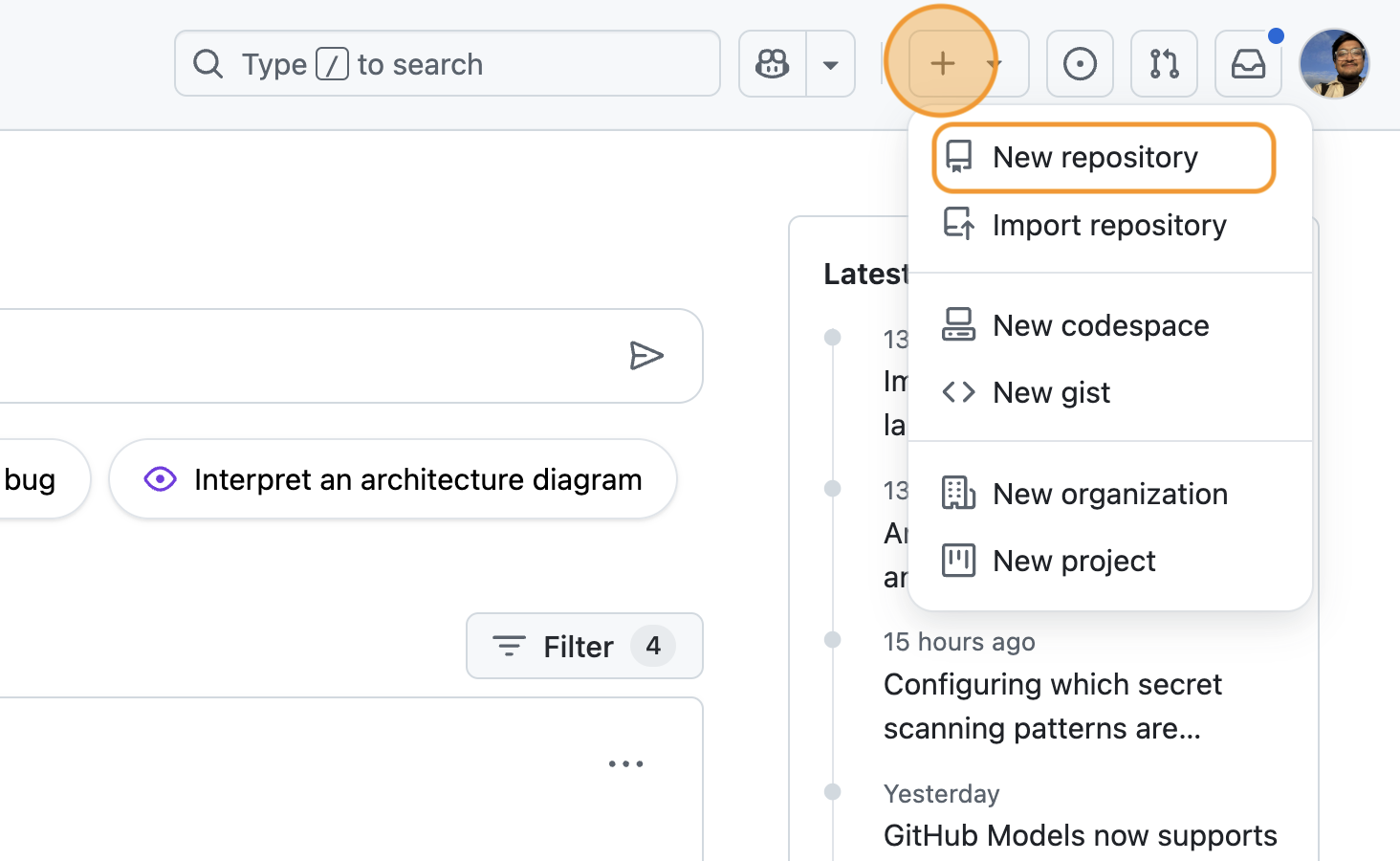 Selecting the 'New repository' option from GitHub's dropdown menu labelled '+'