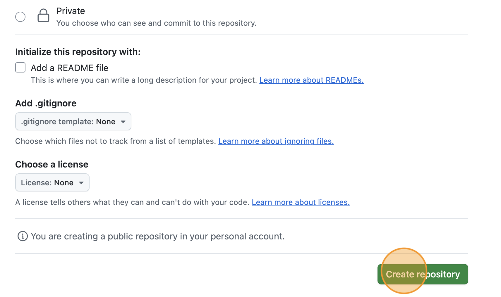 Completing the creation of the GitHub repository by clicking on the 'Create repository' button