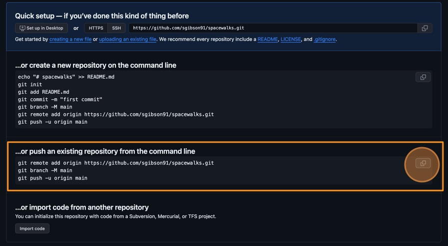 Copy the commands to sync the local and remote repositories