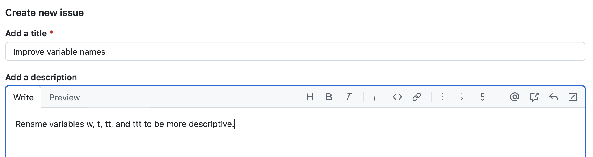 Form for adding an issue on a GitHub repository showing issue title and issue description fields