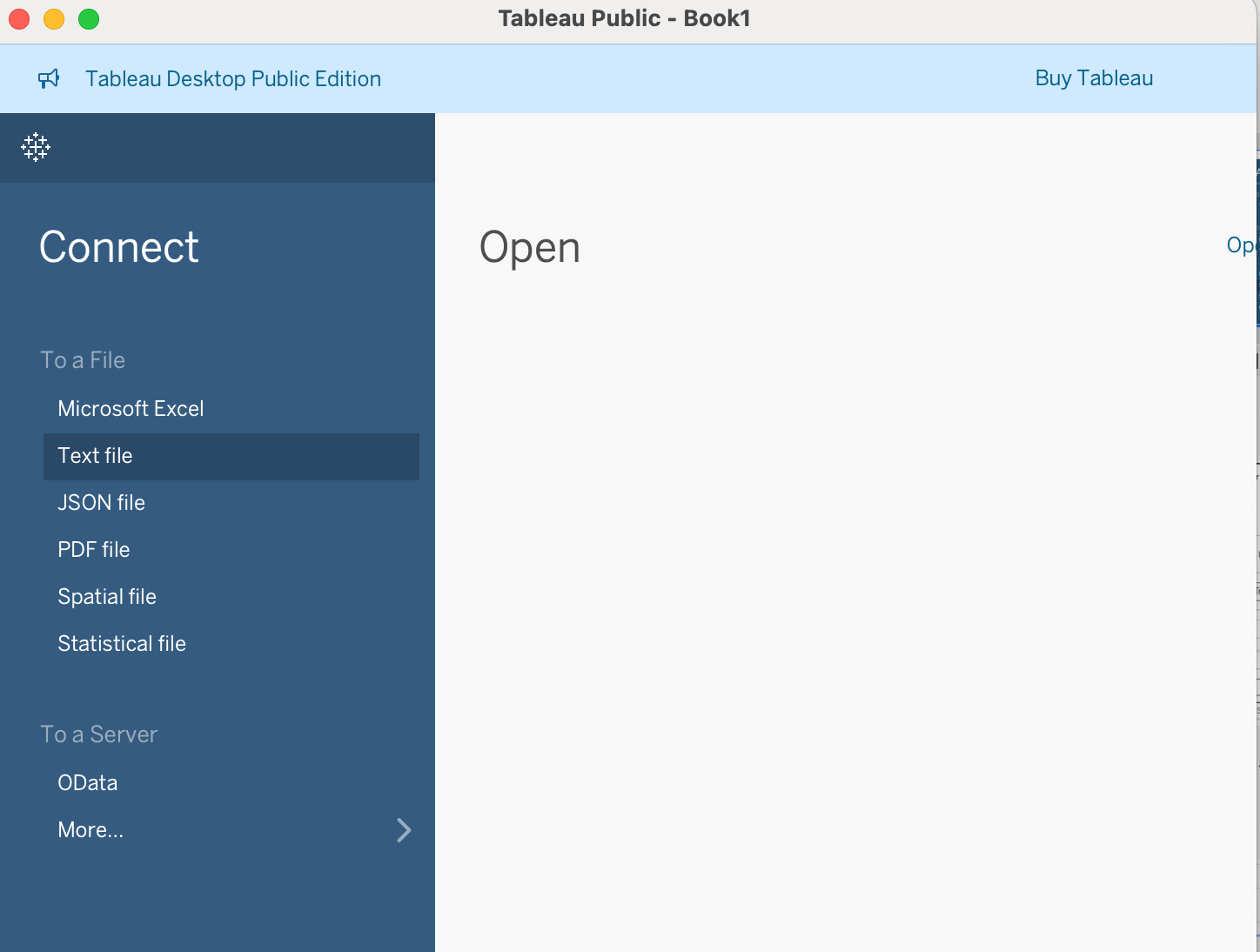 Open Tableau and under Connect, select Text file