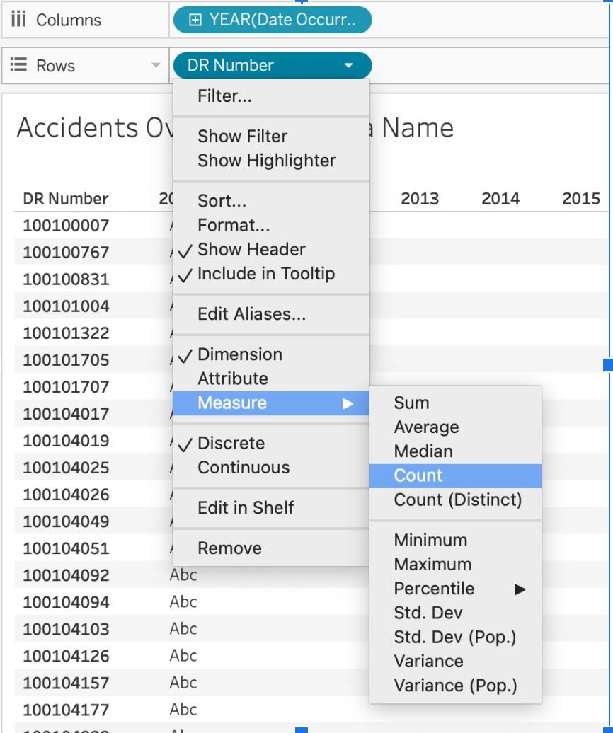 Example of creating a calculated field for Number of Accidents