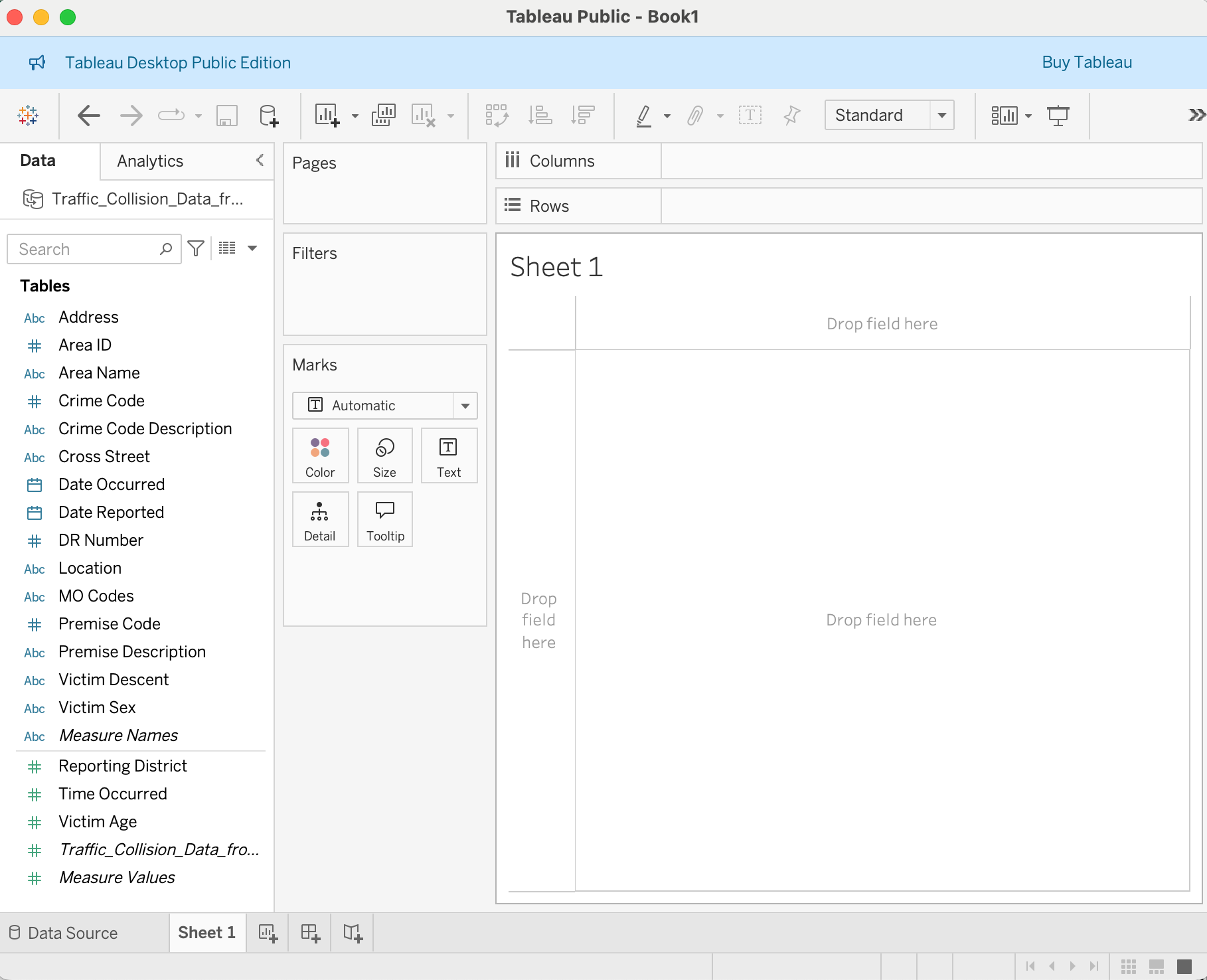 Figure: After selecting your CSV file, Tableau displays a preview of your data source. Click "Sheet 1" at the bottom to proceed to the worksheet.